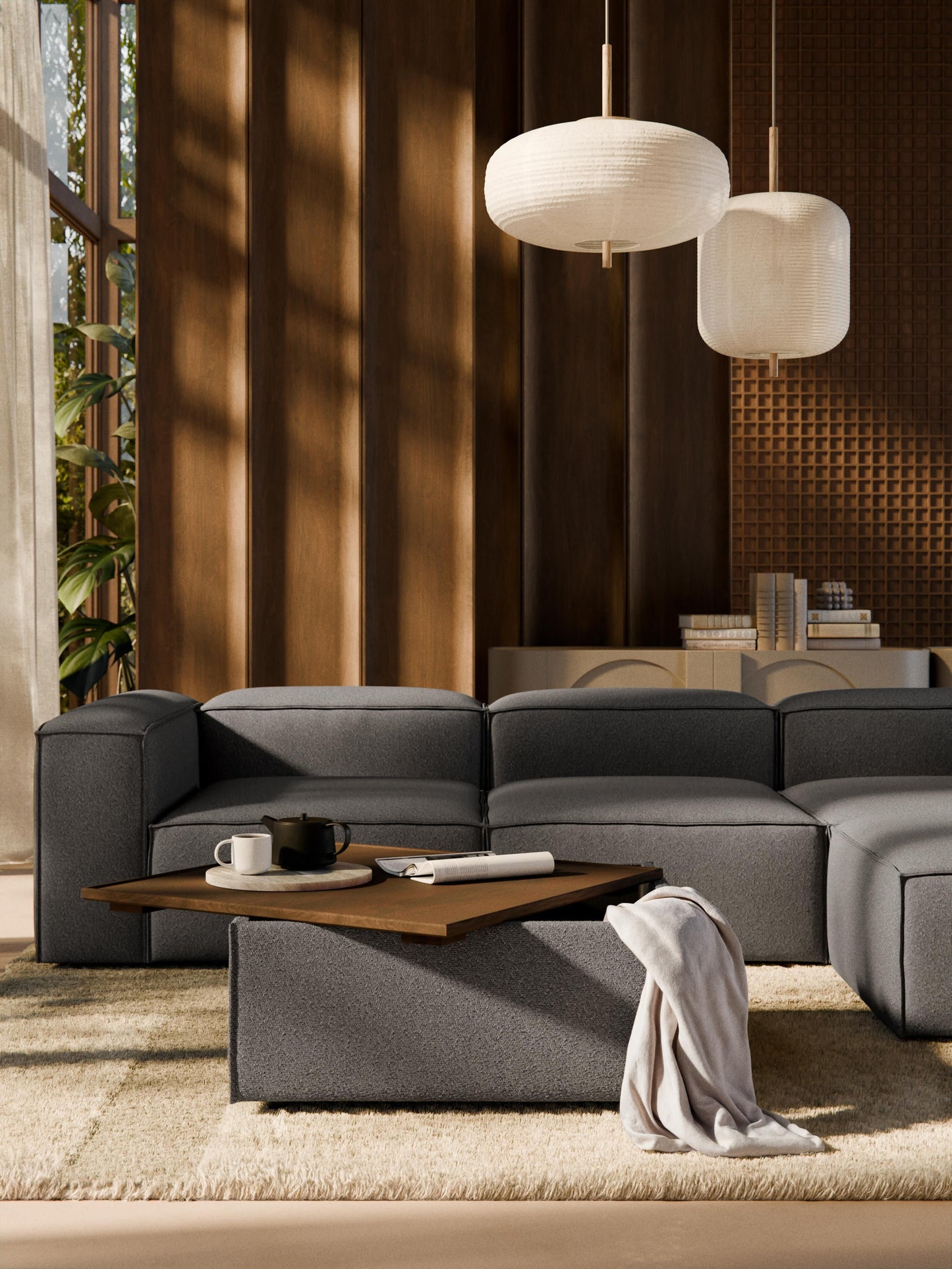 Bouclé-Sofa-Ottomane Lennon mit Stauraum