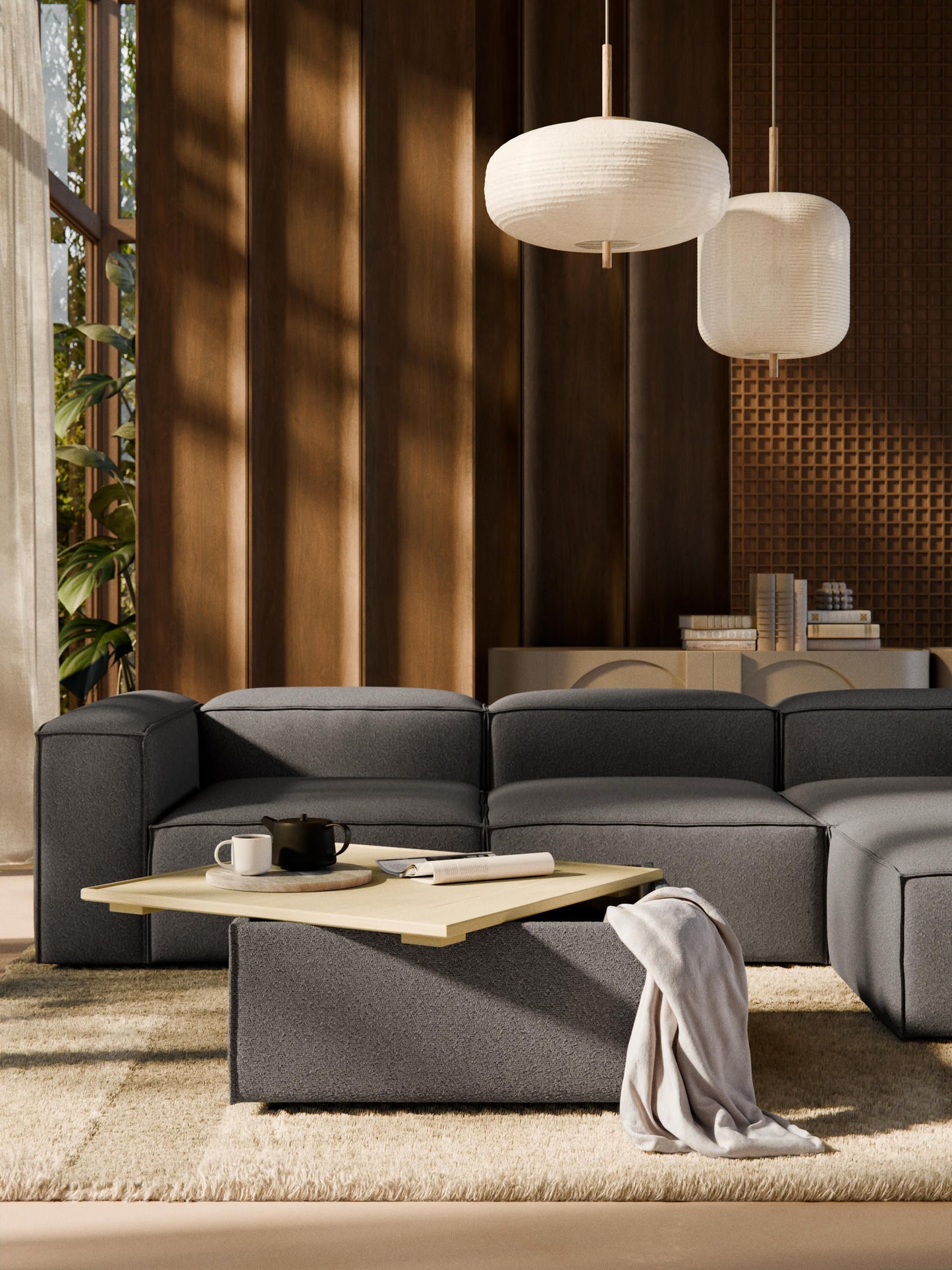 Sofa-Hocker Lennon aus Bouclé mit Stauraum