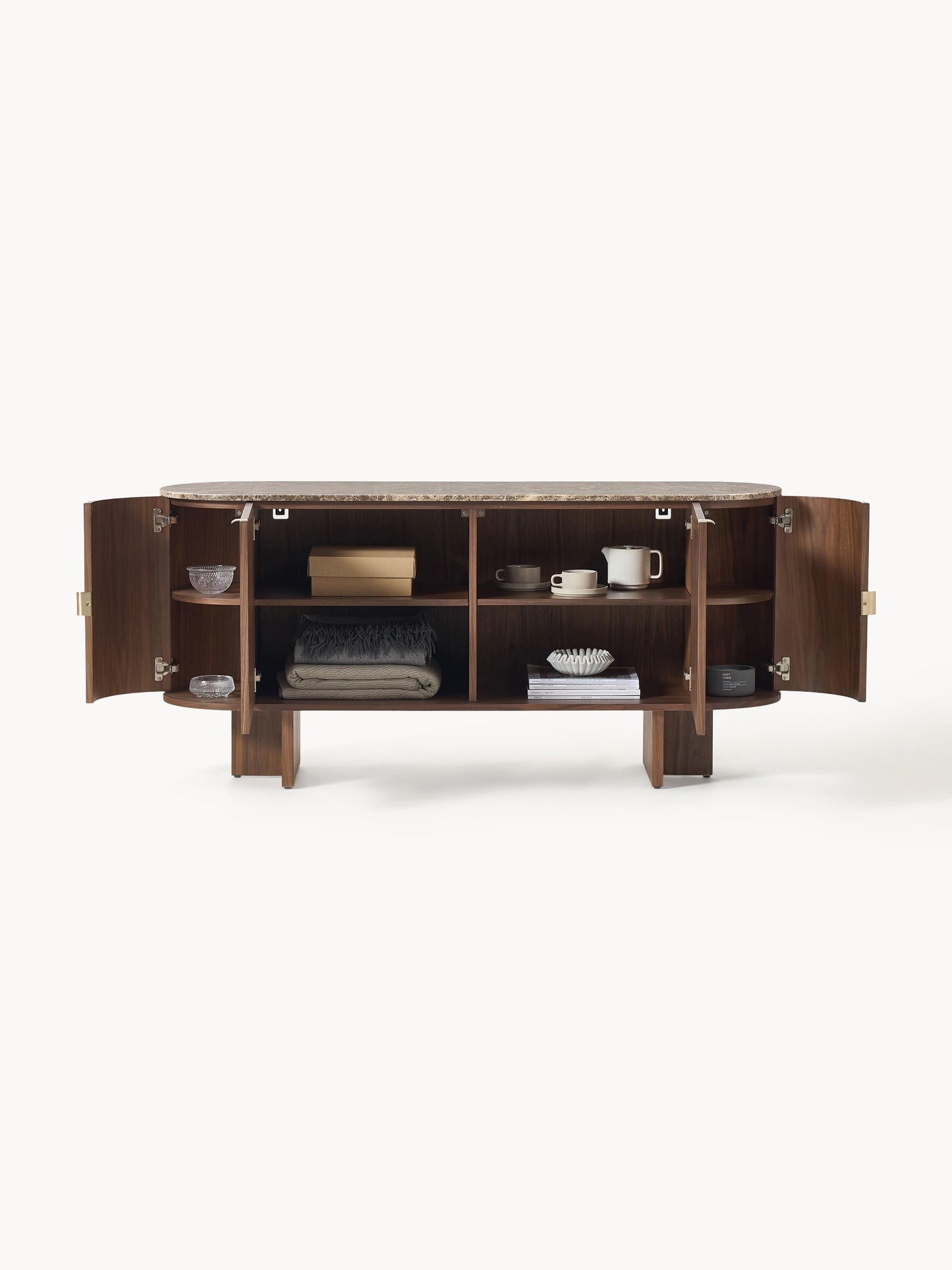Holz-Sideboard Zumi mit abgerundeten Ecken und Marmorplatte
