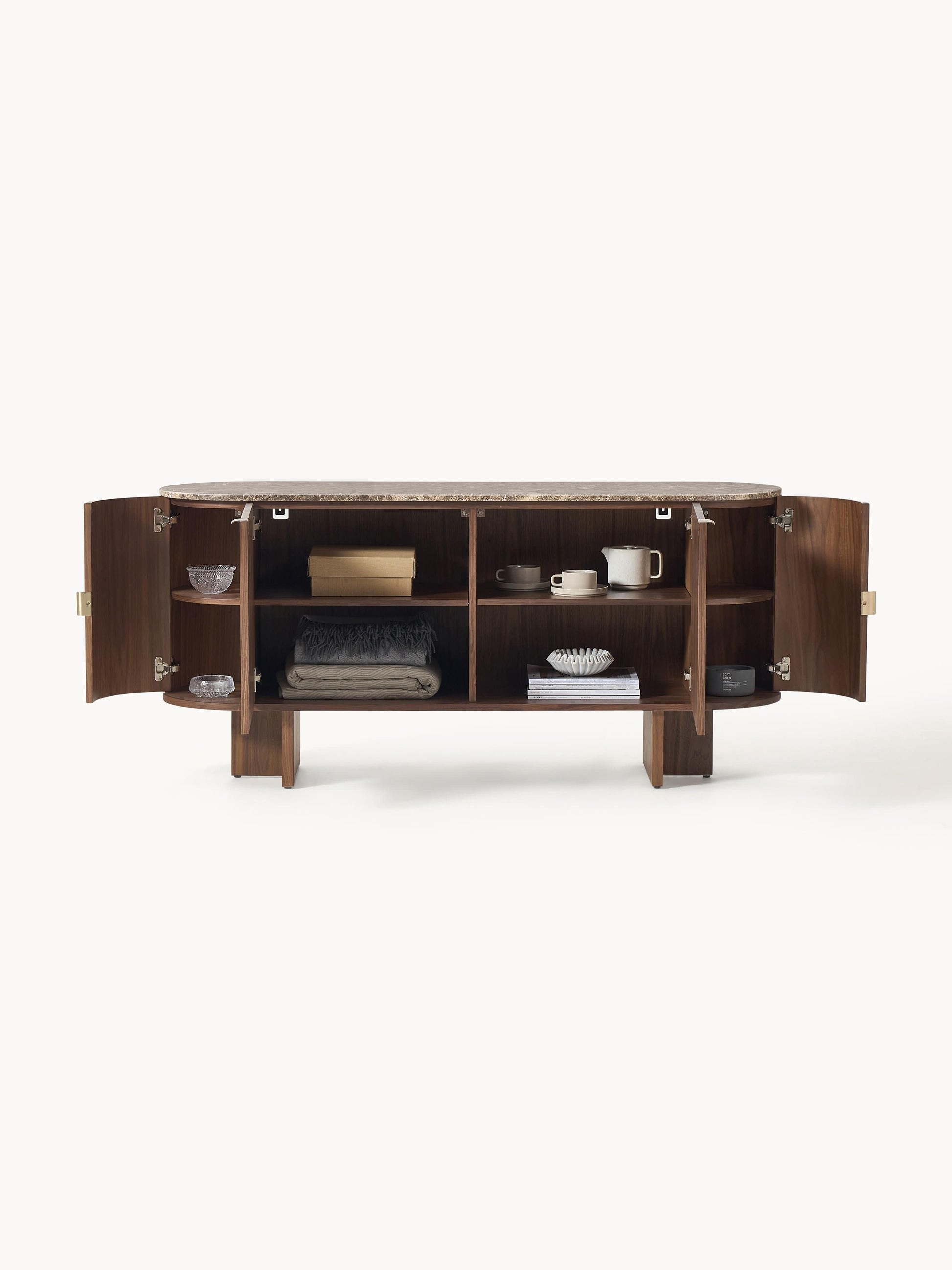 Holz-Sideboard Zumi mit abgerundeten Ecken und Marmorplatte