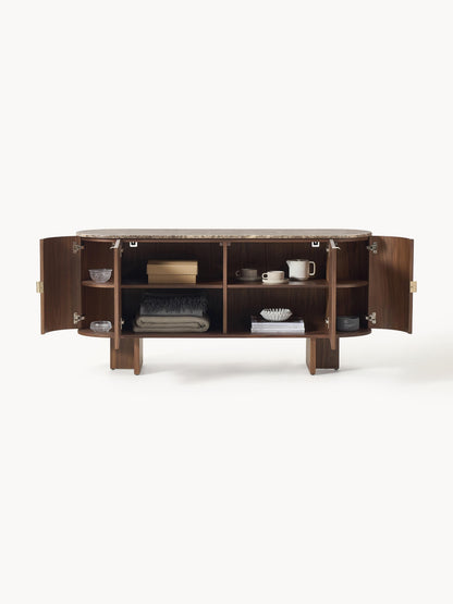 Holz-Sideboard Zumi mit abgerundeten Ecken und Marmorplatte