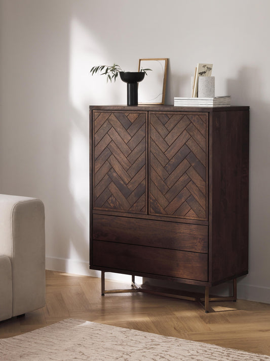 Highboard Luca aus Mangoholz mit Fischgrät-Muster