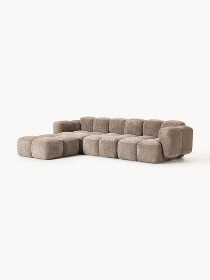 Modulares Sofa Tayla (4-Sitzer) aus Teddy-Bouclé mit Hocker (links/rechts)