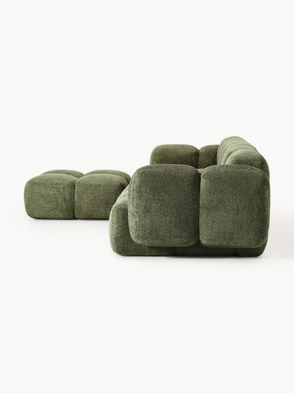 Modulares Sofa Tayla (4-Sitzer) aus Teddy-Bouclé mit Hocker (links/rechts)