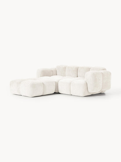 Modulares Sofa Tayla (3-Sitzer) aus Teddy-Bouclé mit Hocker (links/rechts)