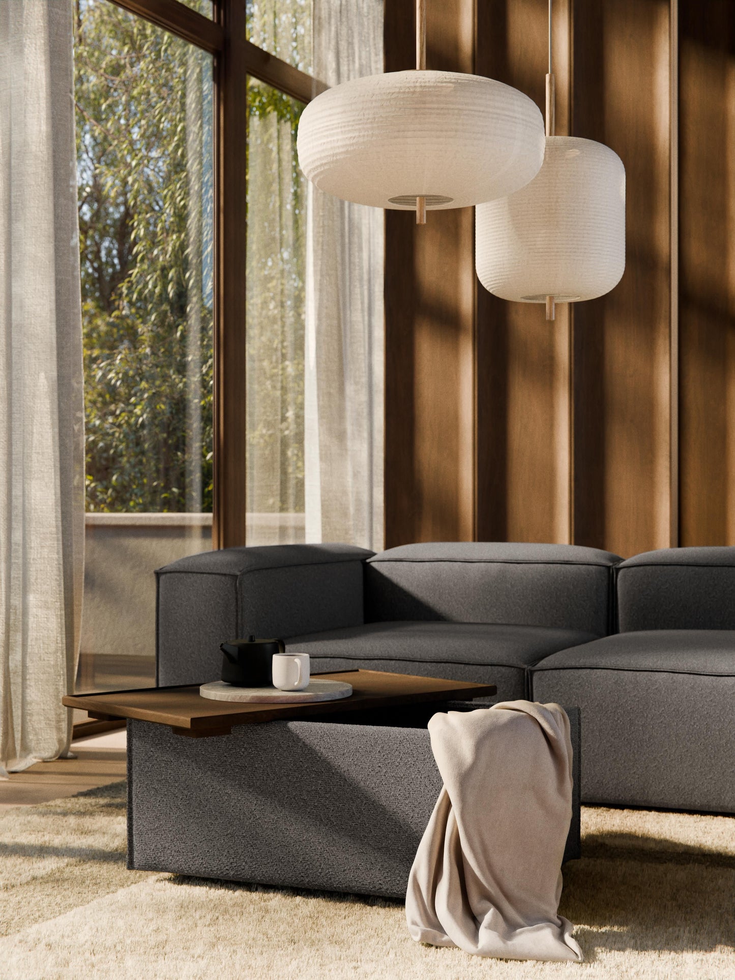 Sofa-Hocker Lennon aus Bouclé mit Stauraum