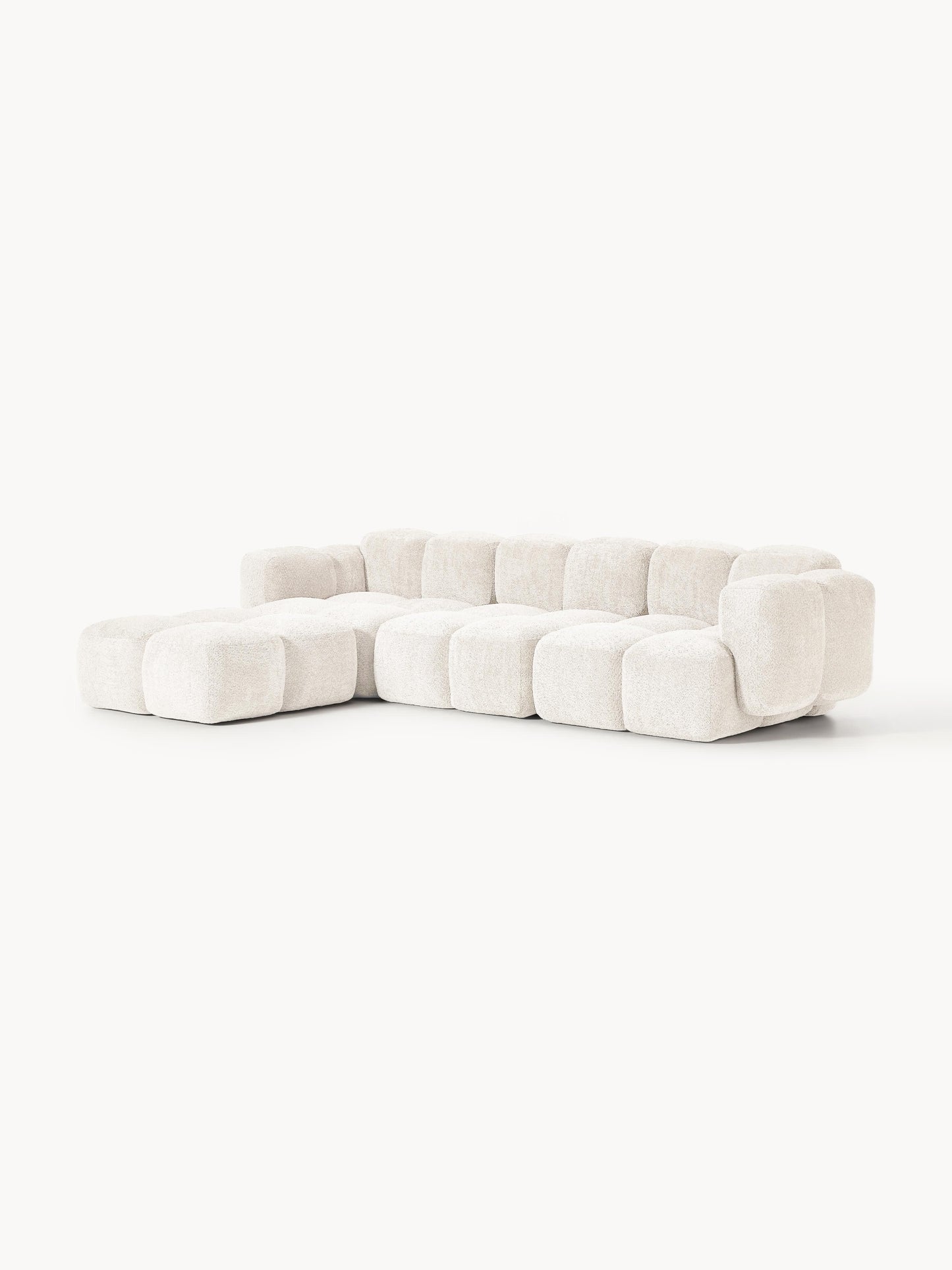 Modulares Sofa Tayla (4-Sitzer) aus Teddy-Bouclé mit Hocker (links/rechts)