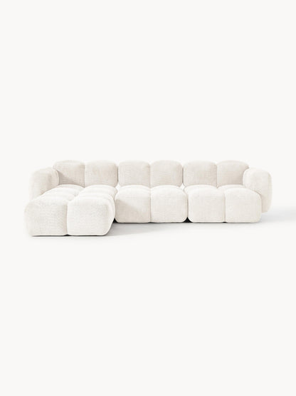 Galeriebild 1 - Modulares Sofa Tayla (4-Sitzer) aus Teddy-Bouclé mit Hocker (links/rechts)