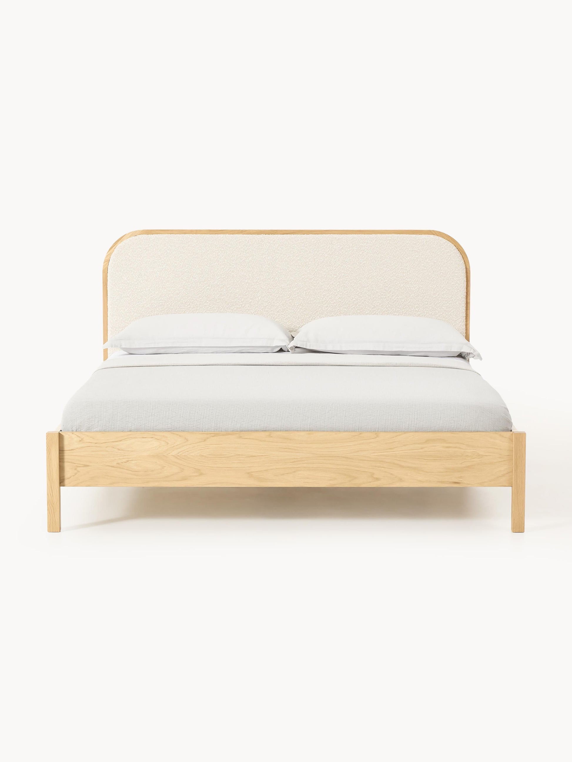 Holzbett Jones mit Kopfteil aus Bouclé
