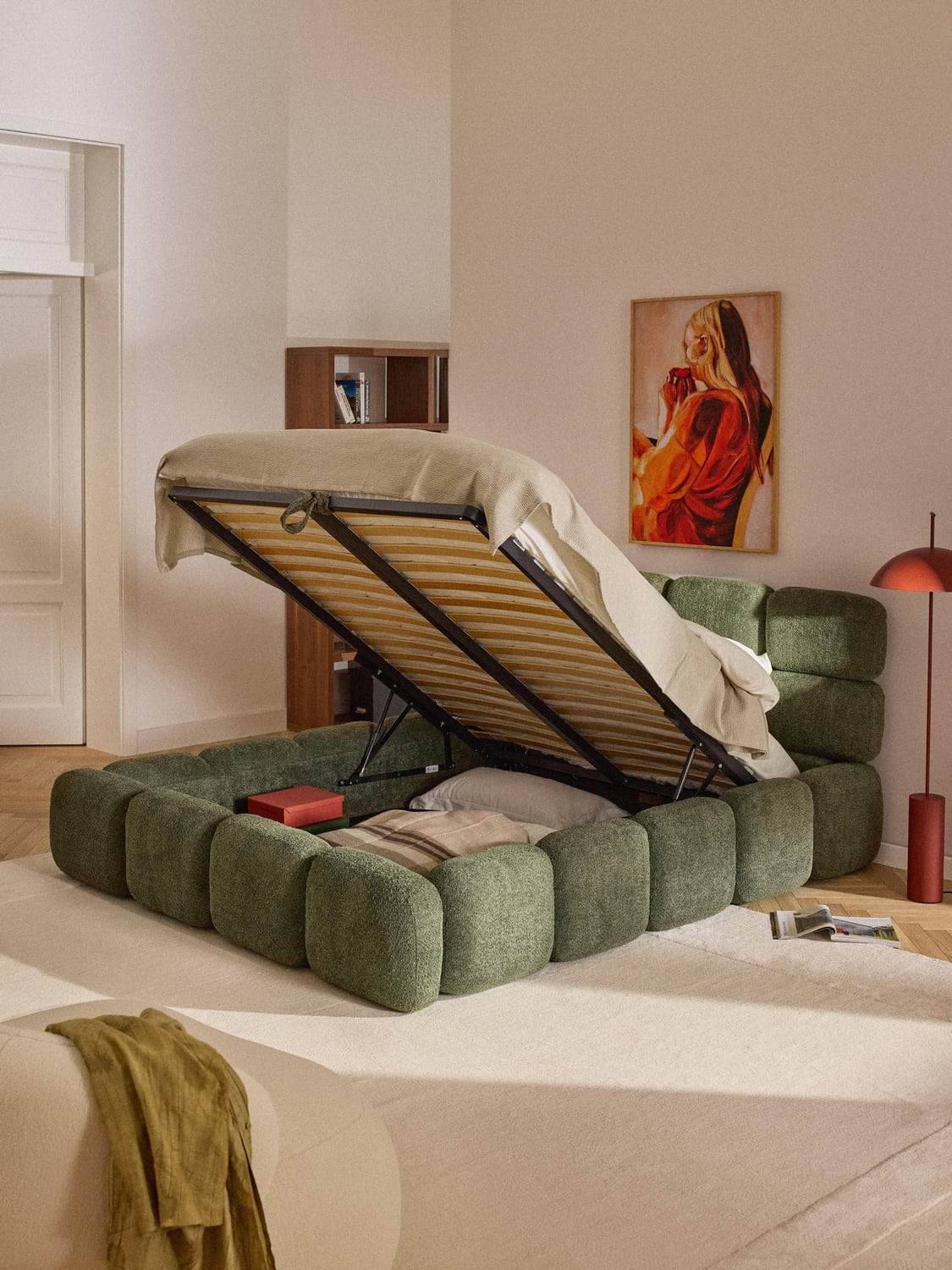 Tayla Upholstered Bed in Teddy Bouclé with Storage — Mushroom