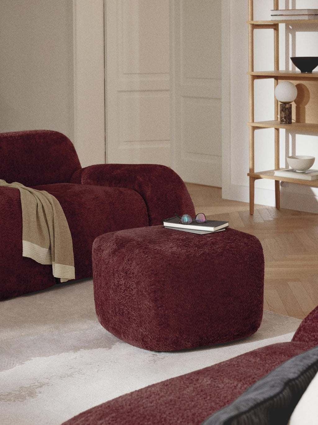 Wolke Sofa Ottoman in Teddy Bouclé — Burgundy