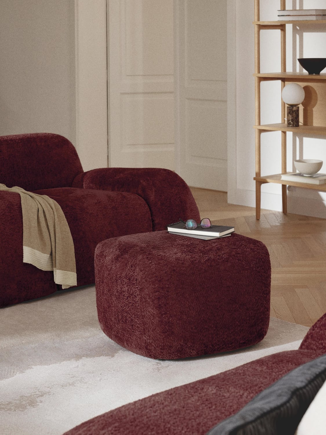 Wolke Sofa Ottoman in Teddy Bouclé — Burgundy