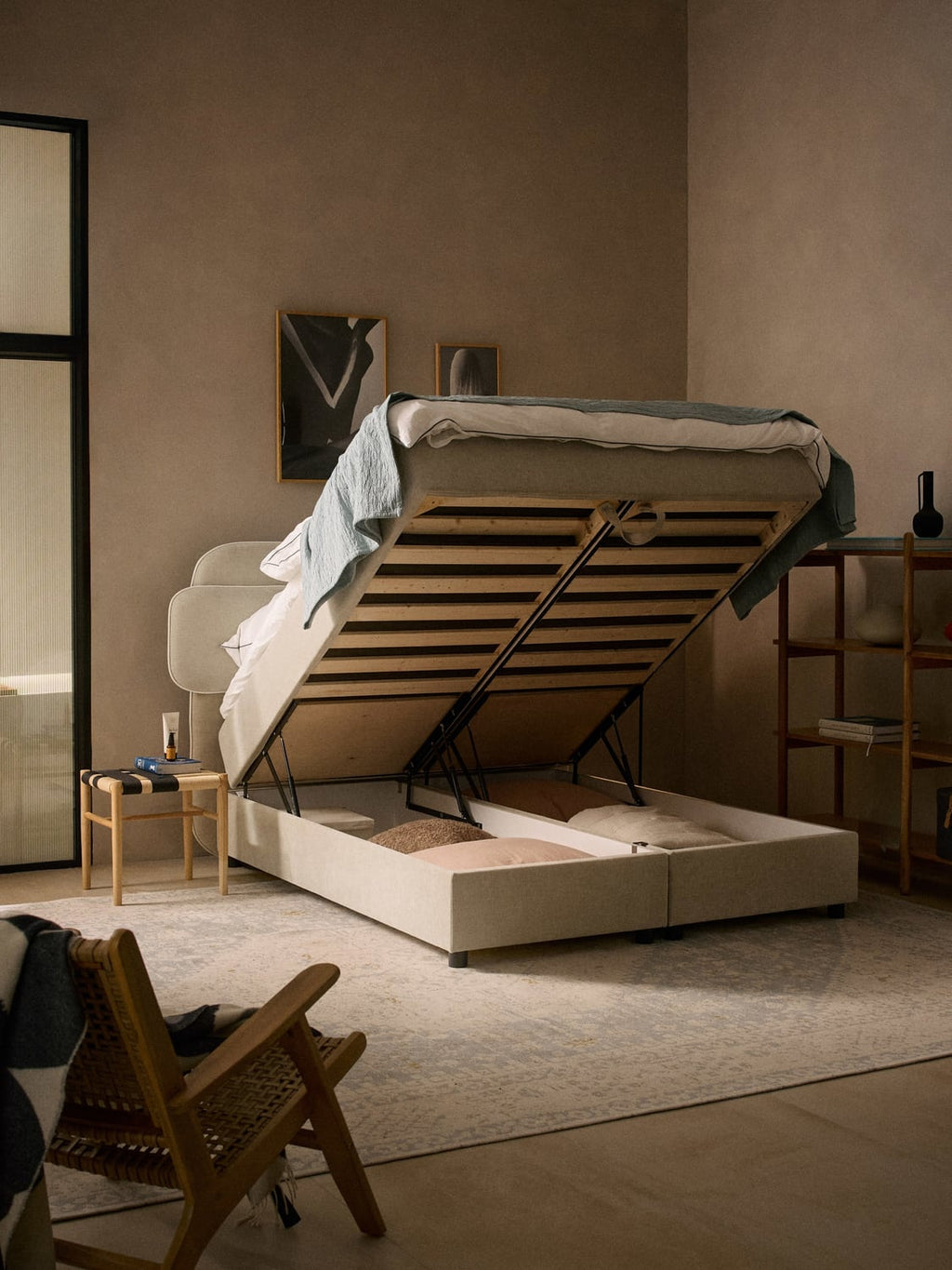 Enrica Box-Spring Bed with Storage — Light Grey