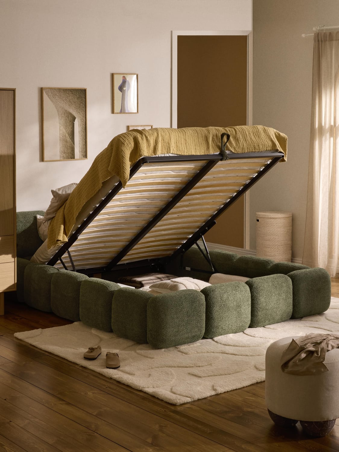 Tayla Upholstered Bed in Teddy Bouclé with Storage — Taupe