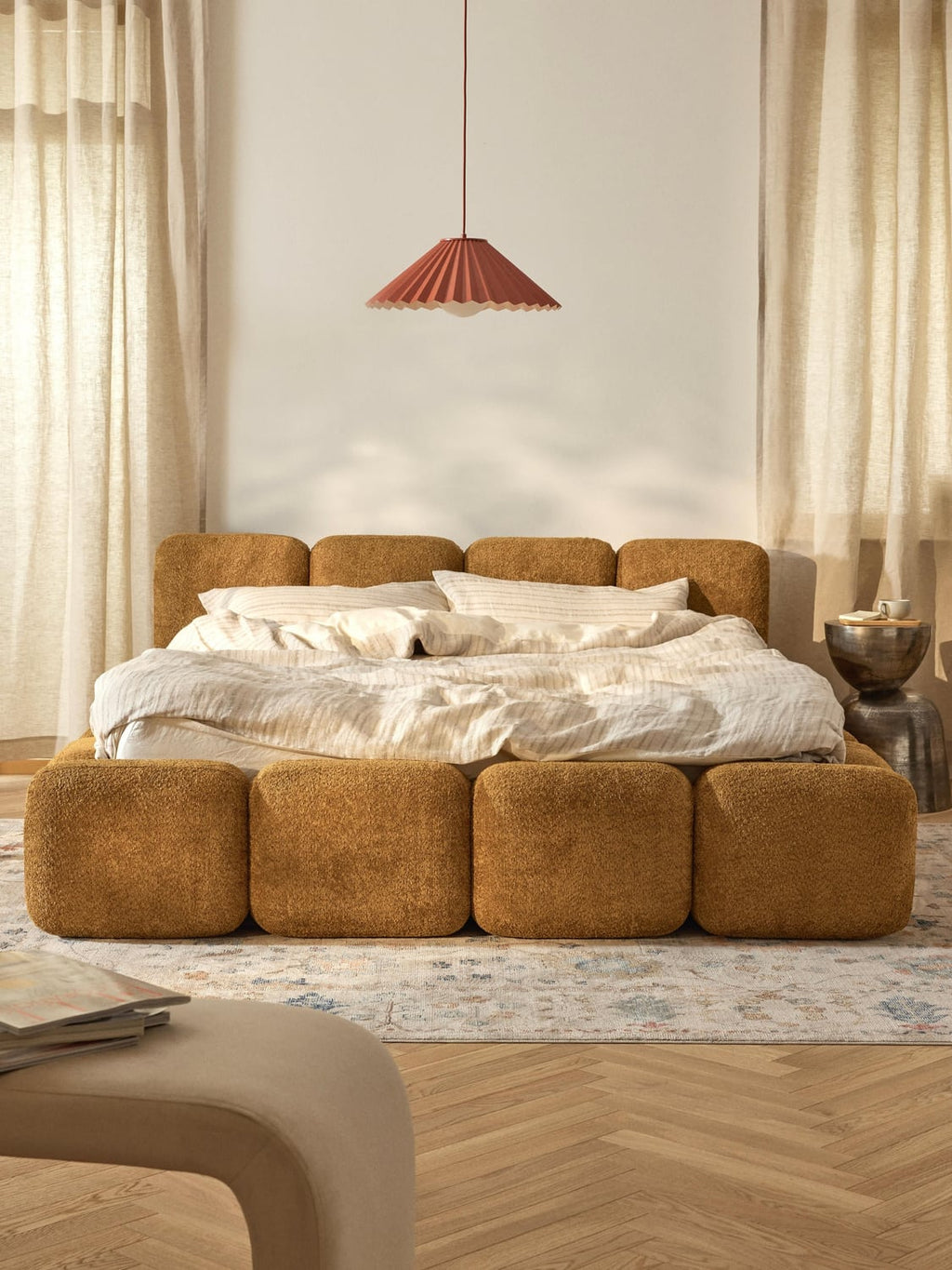 Tayla Upholstered Bed in Teddy Bouclé — Greige