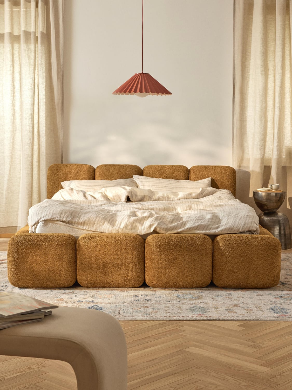 Tayla Upholstered Bed in Teddy Bouclé — Greige