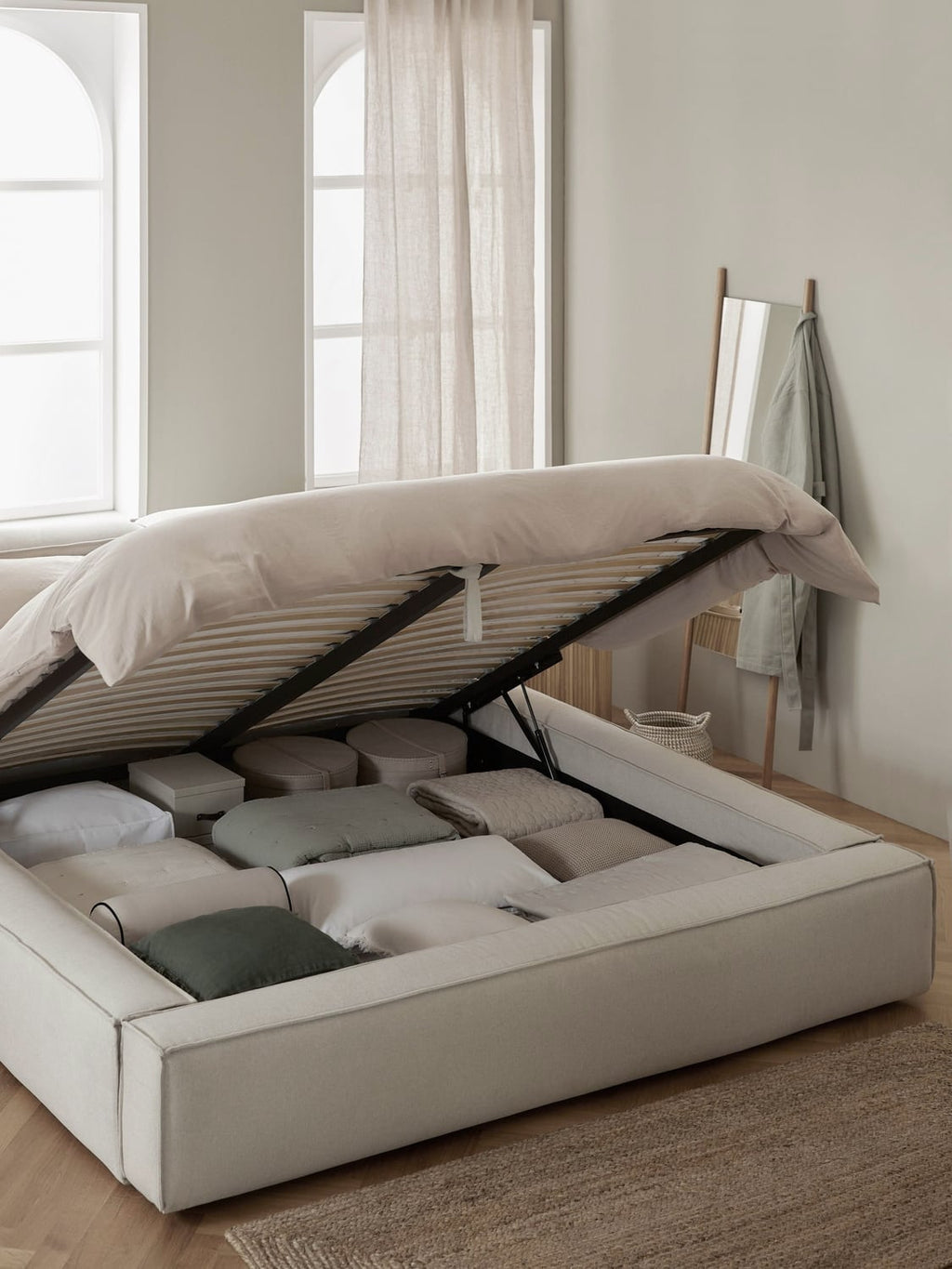 Lennon Upholstered Bed with Storage — Light Grey