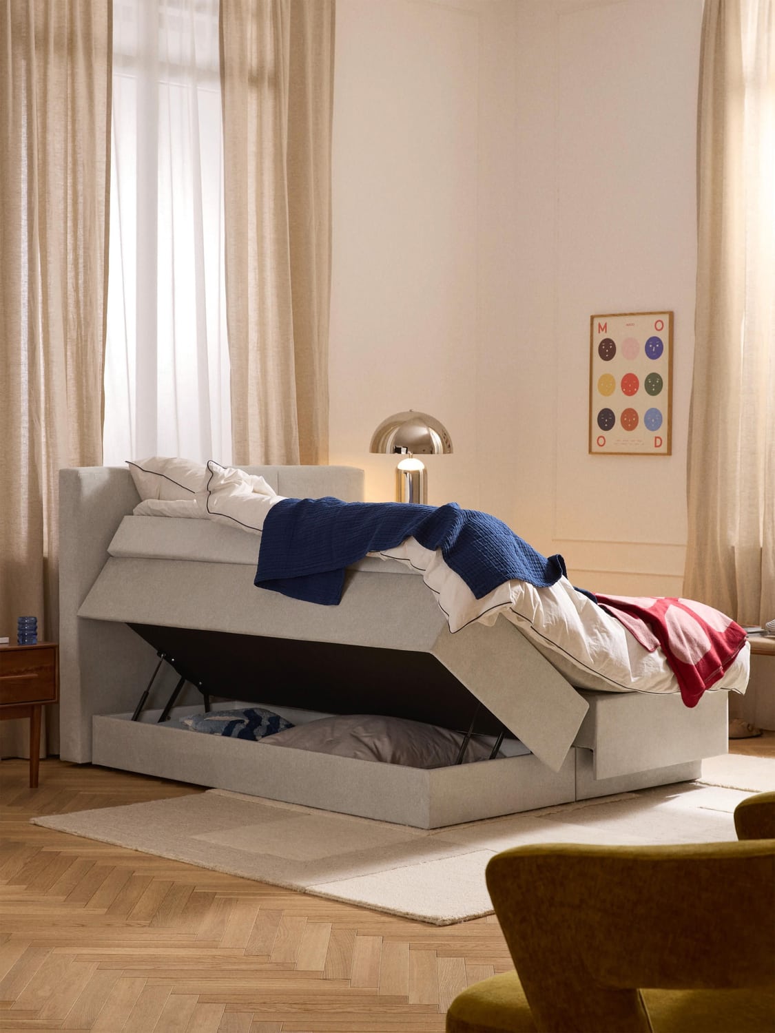 Oberon Box-Spring Bed with Storage — Light Grey