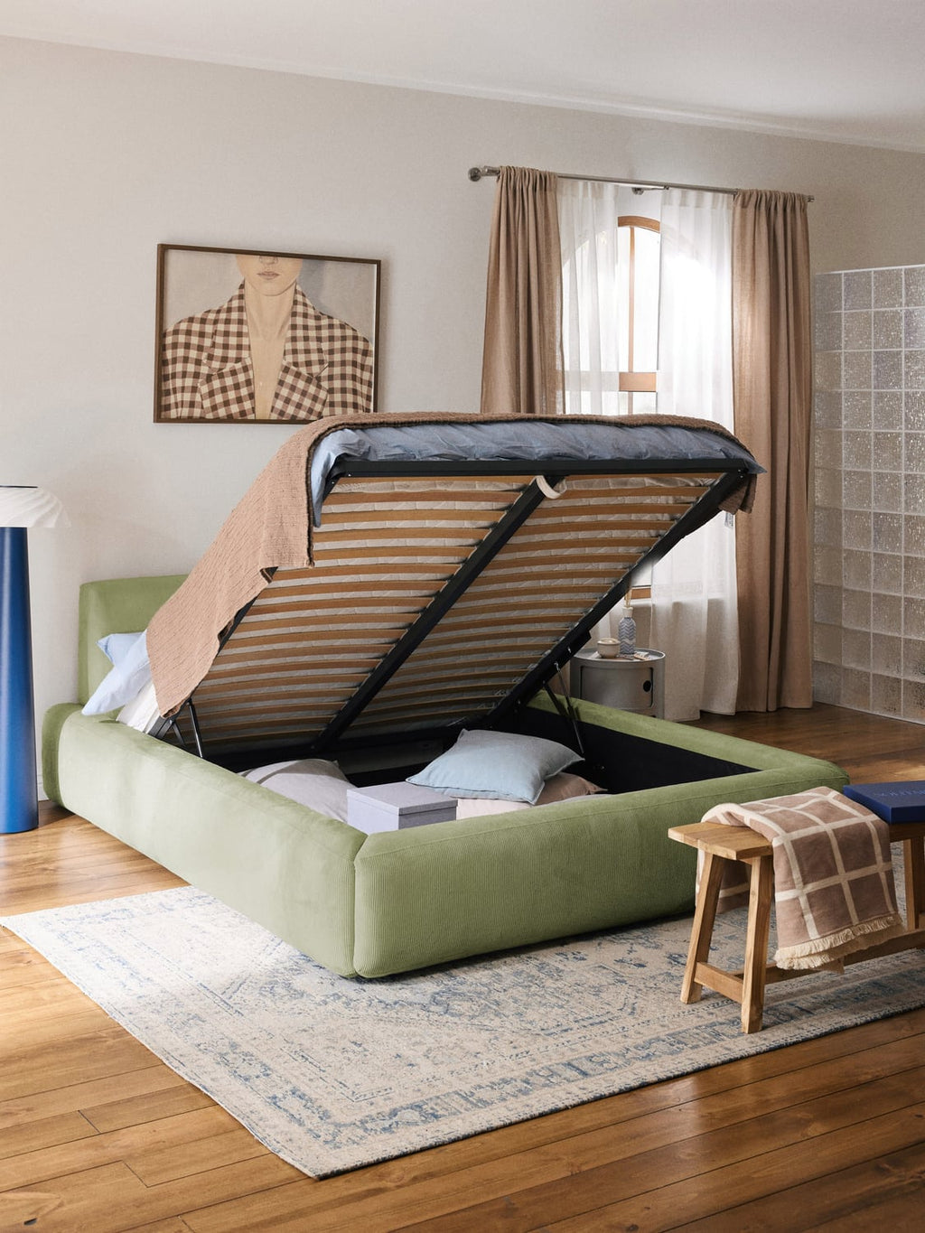 Melva Upholstered Bed with Storage — Sage