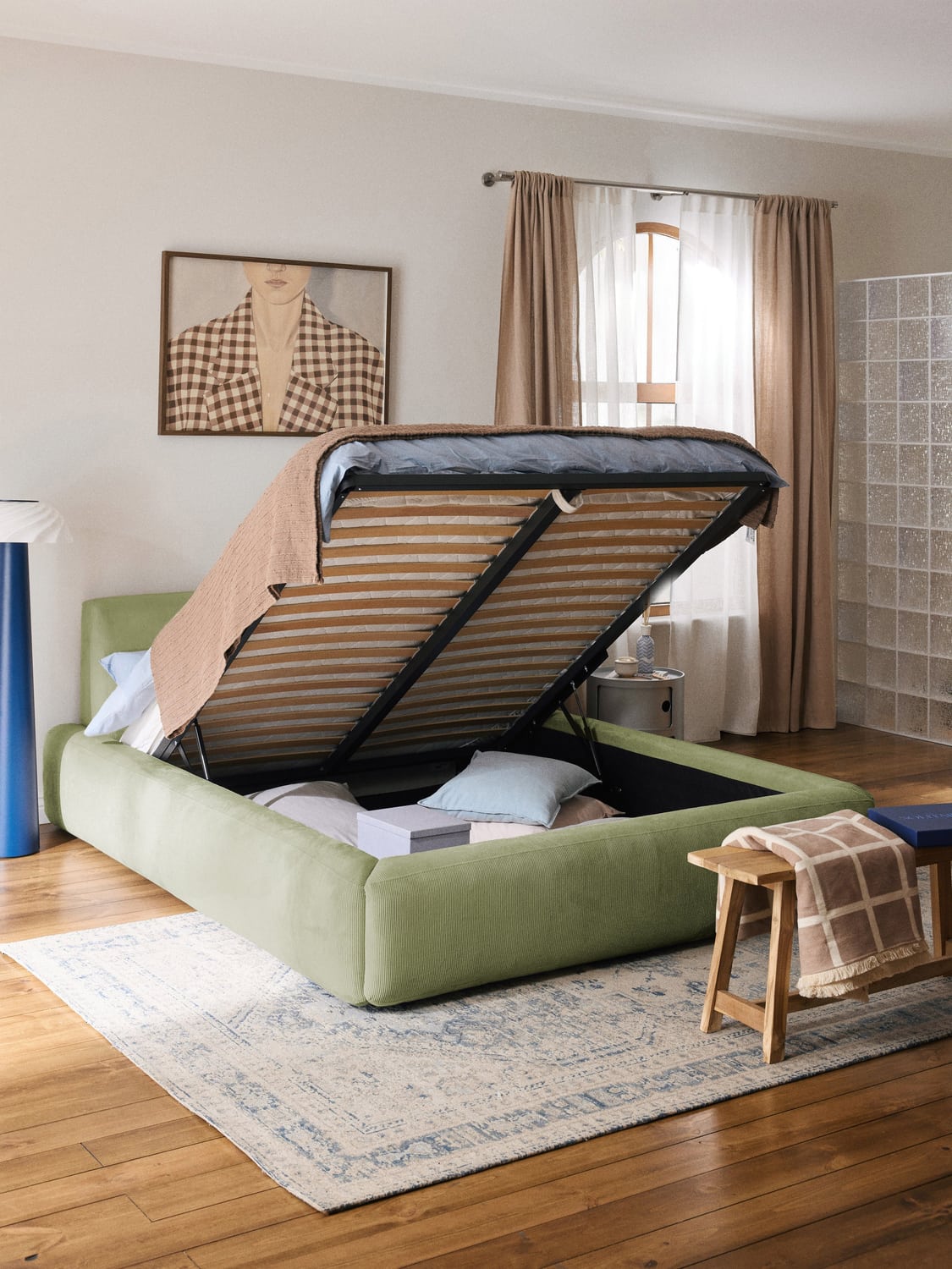 Melva Upholstered Bed with Storage — Sage