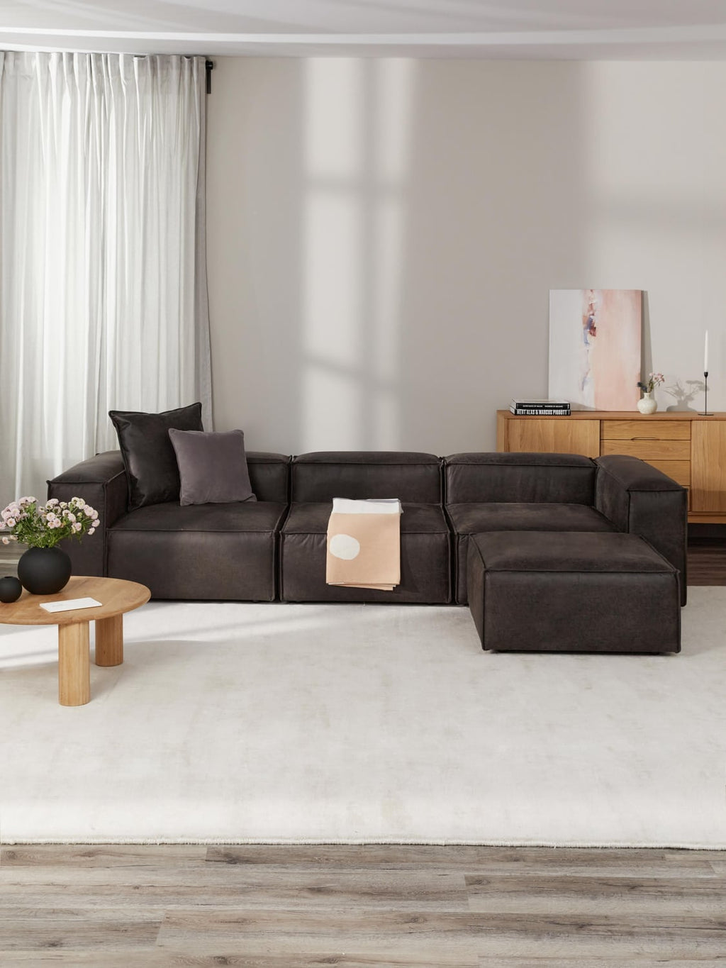 Lennon Modular Sofa (4-seater) in Leather with Ottoman (left/right) — Dark Grey