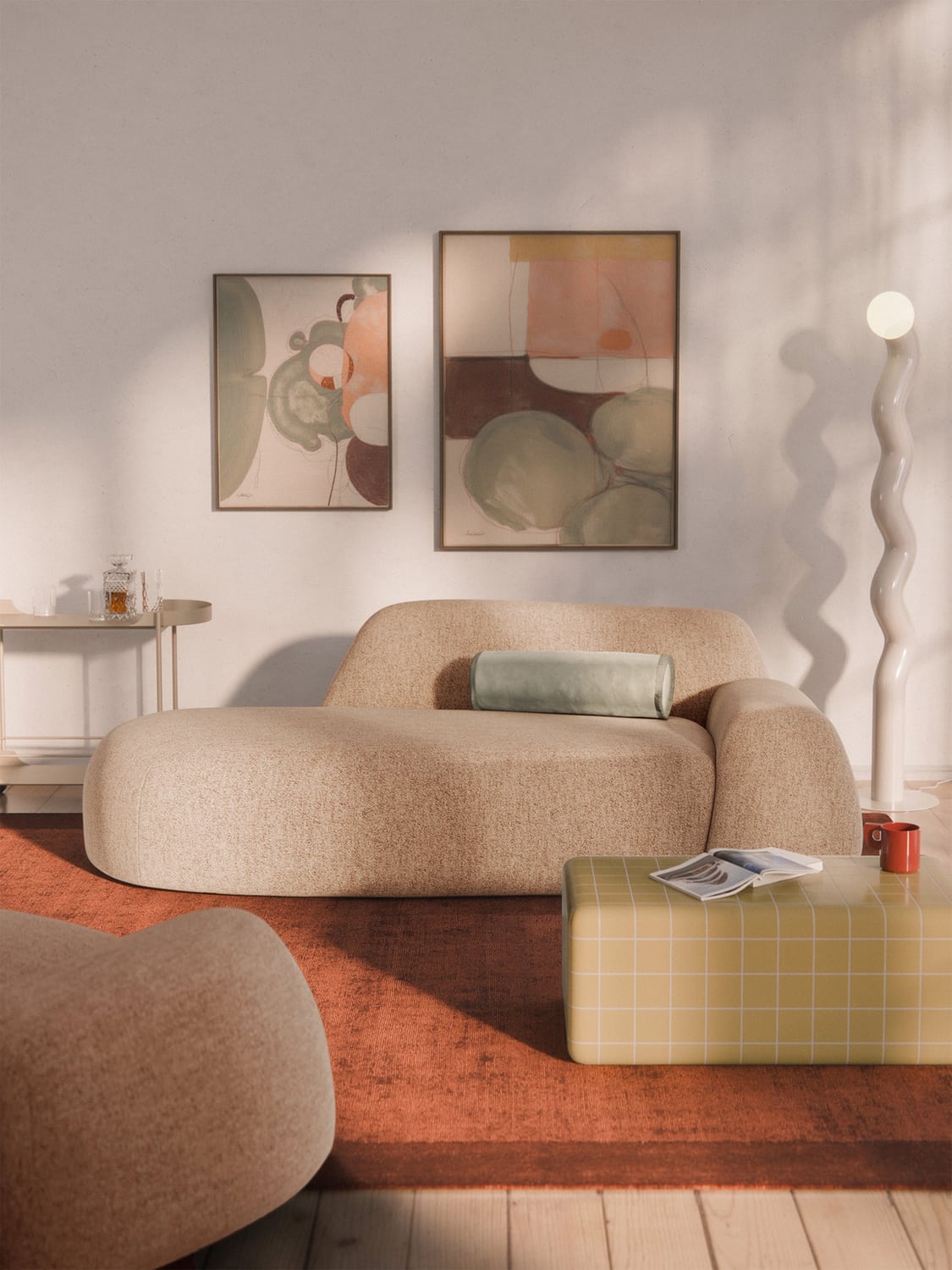 Wolke Bouclé Sofa (2-seater) with Chaise Longue — Beige