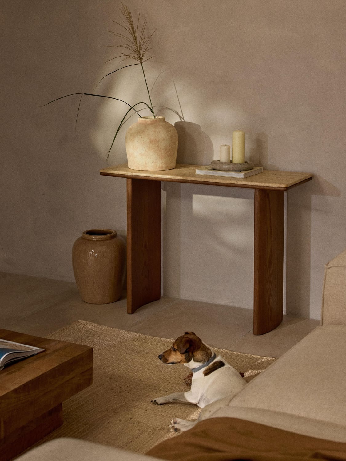 Chandler Console Table in Oak with Travertine Top