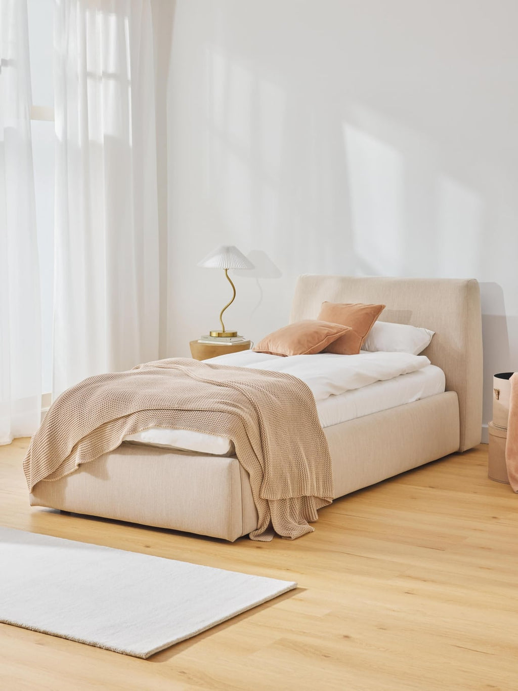 Cloud Upholstered Single Bed with Storage — Ivory
