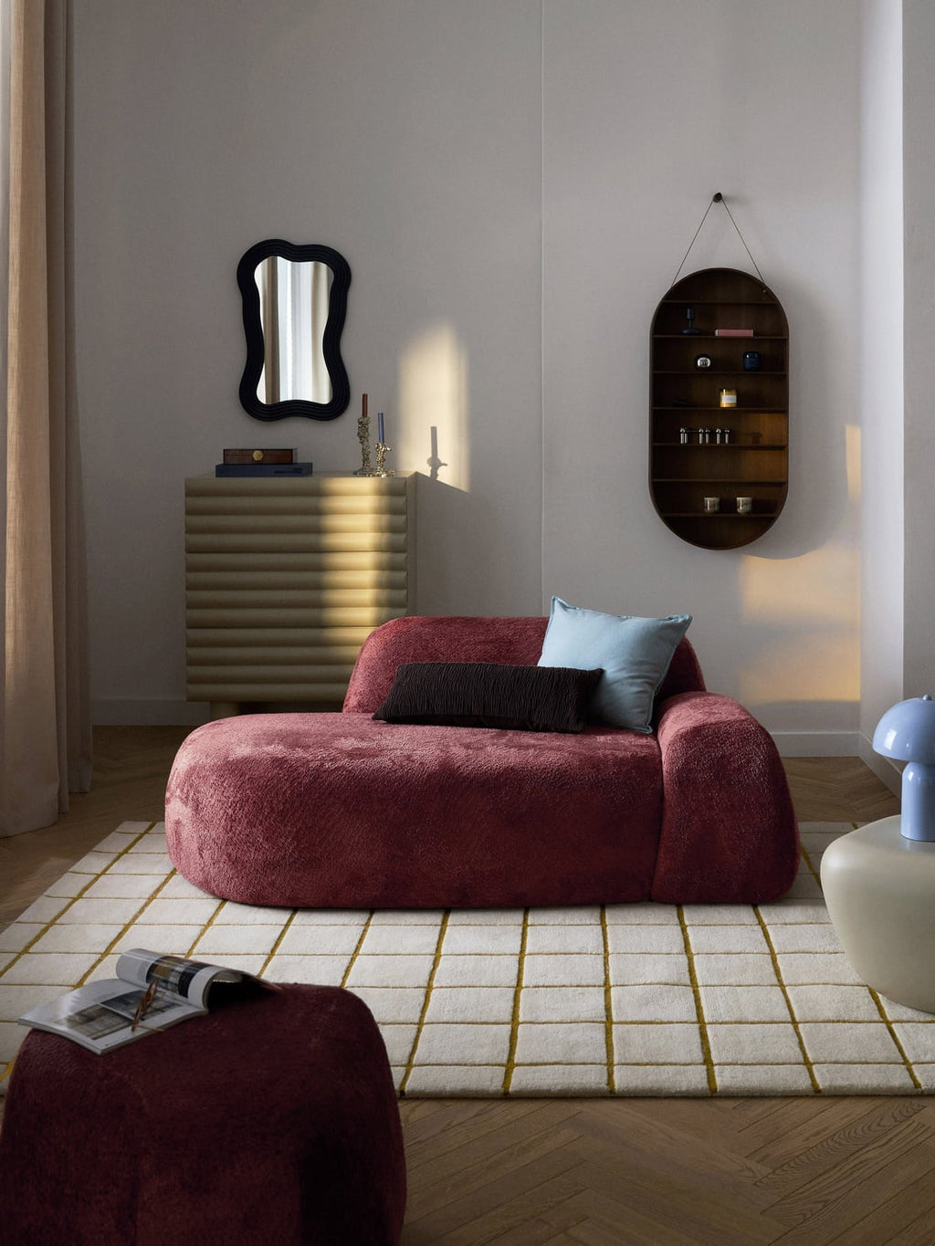 Wolke Teddy Bouclé Sofa (2-seater) with Chaise Longue — Brown