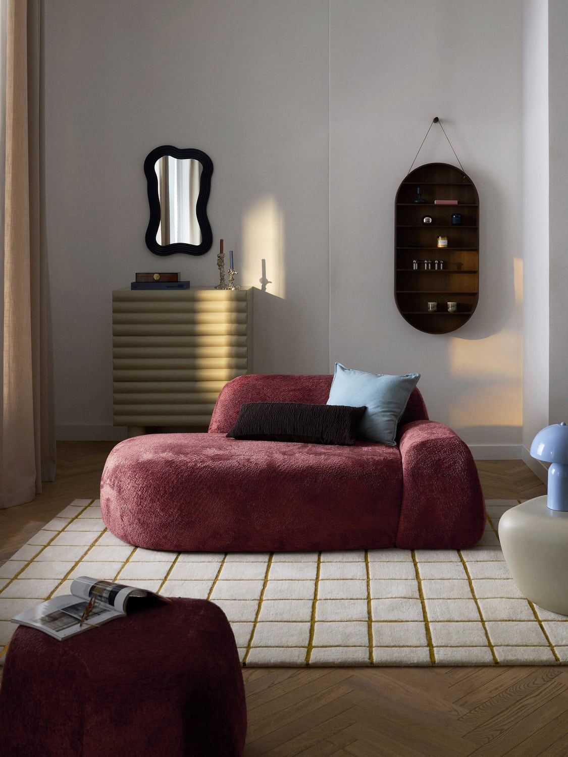 Wolke Teddy Bouclé Sofa (2-seater) with Chaise Longue — Brown