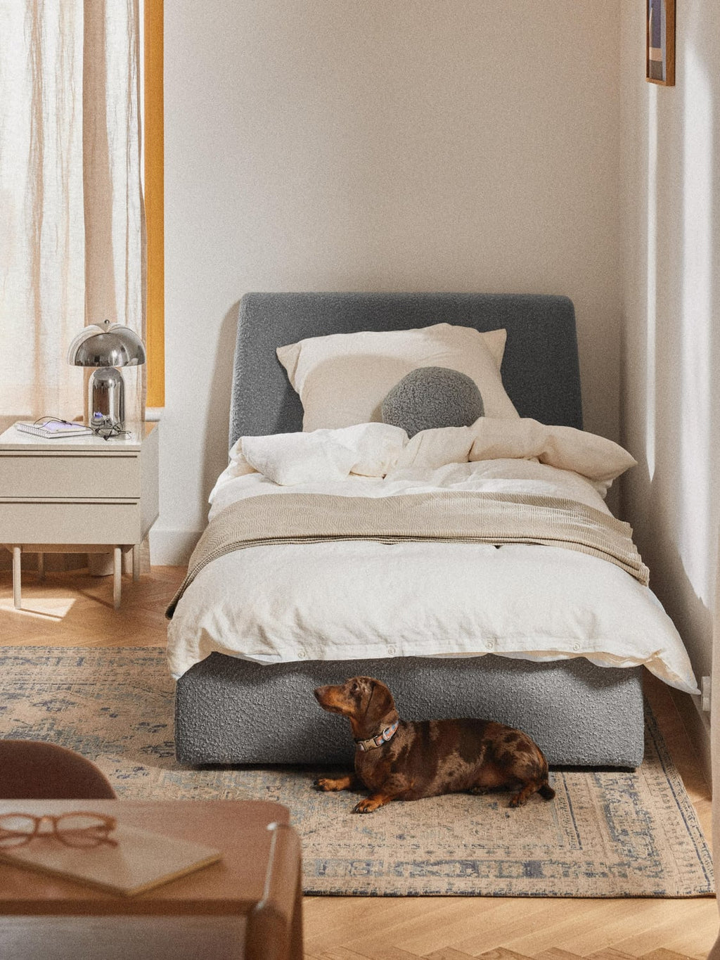 Cloud Bouclé-Single Bed with Storage — Oatmeal