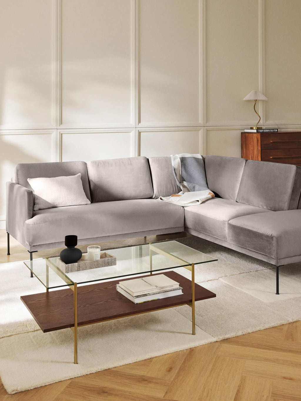 Fluente Velvet-Corner Sofa — Stone Grey