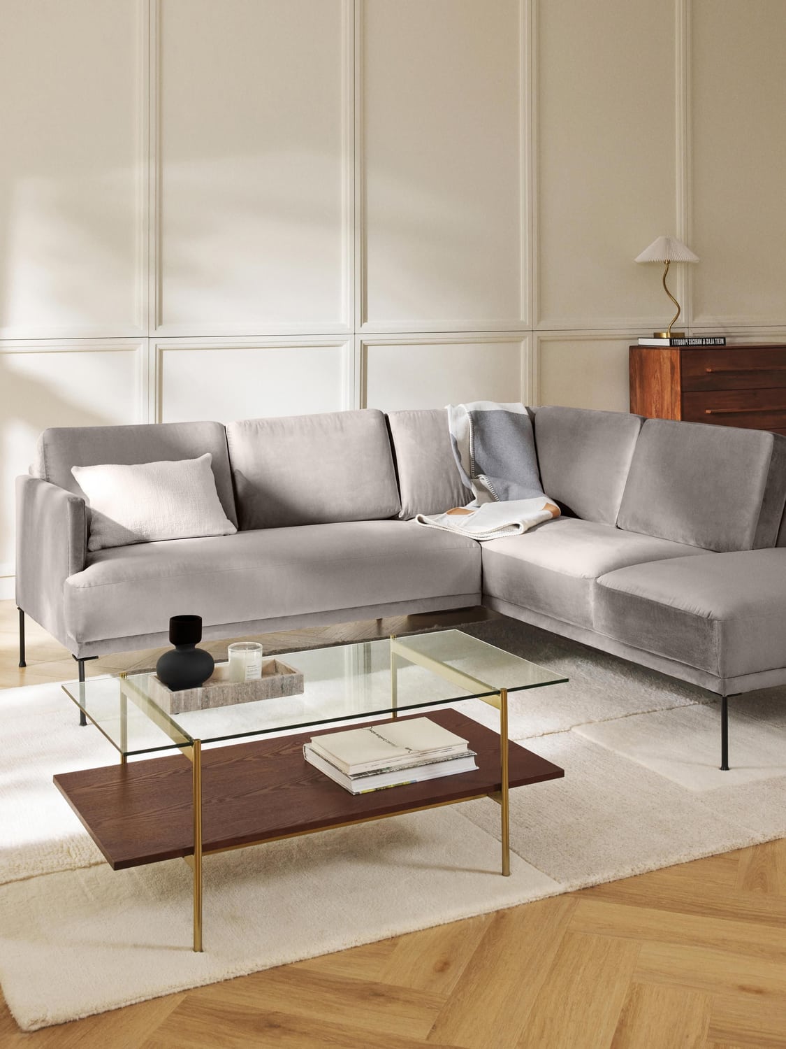 Fluente Velvet-Corner Sofa — Stone Grey