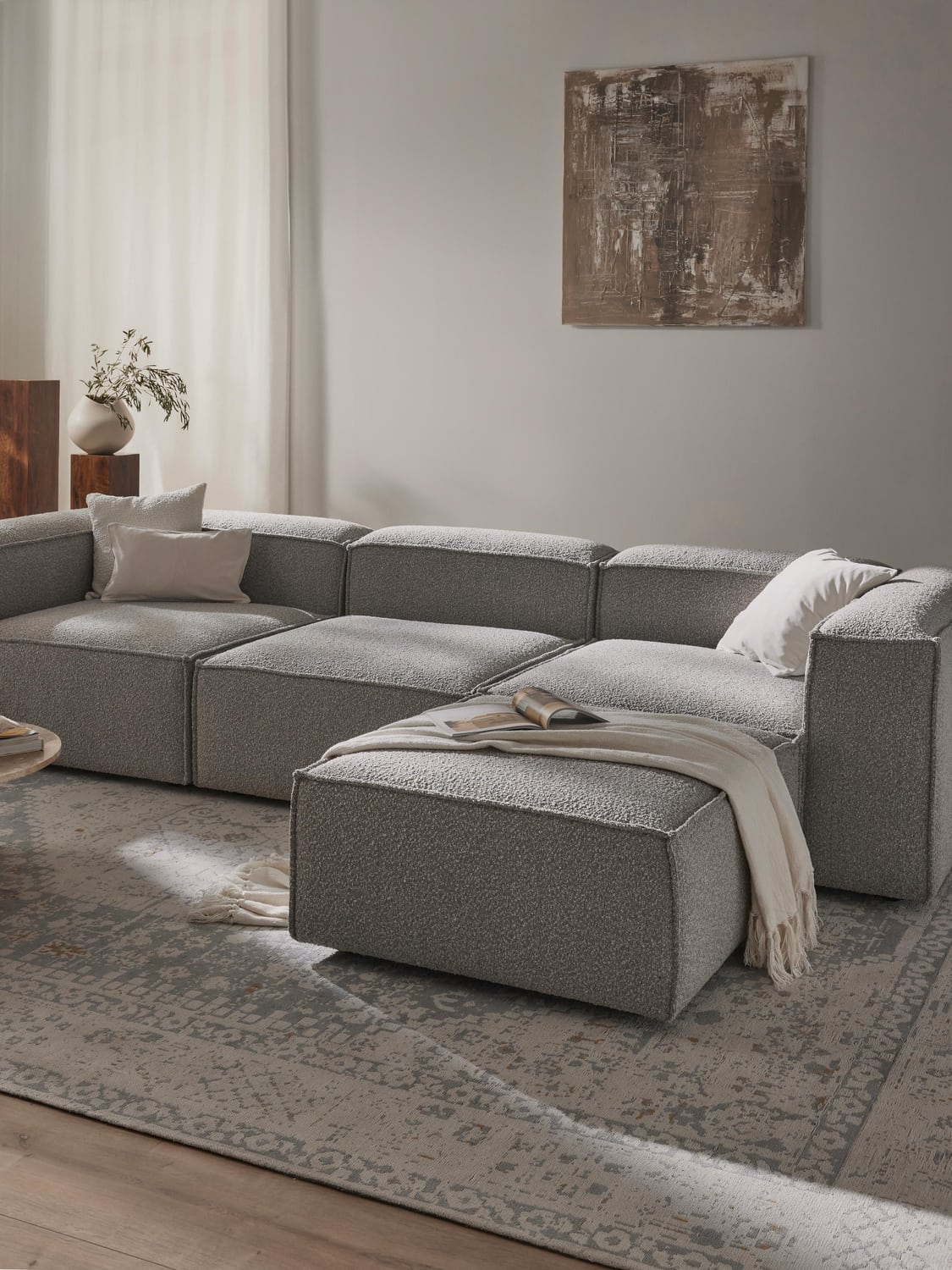 Lennon Modular Sofa (4-seater) in Bouclé with Ottoman (left/right) — Sage