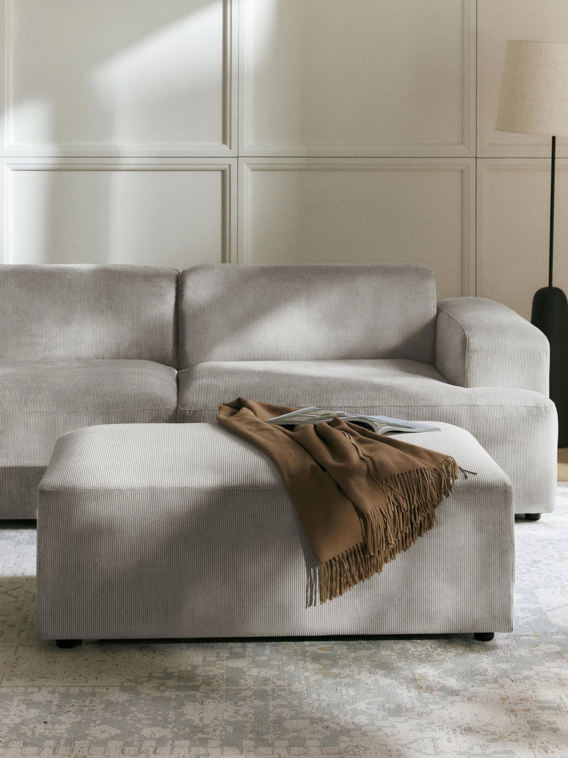 Melva XL Sofa Ottoman in Corduroy, B 116 x T 72 cm — Warm Grey
