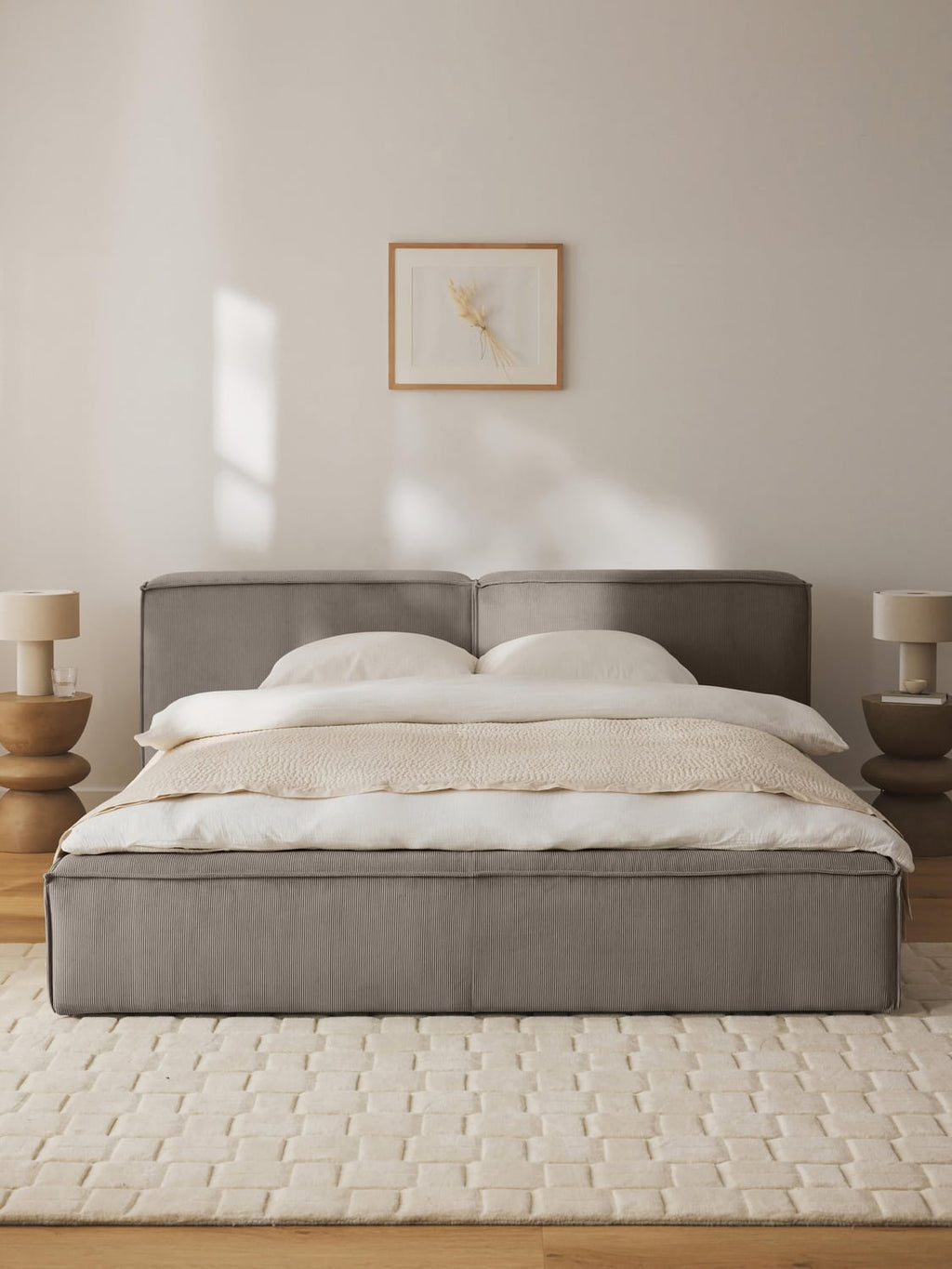 Lennon Upholstered Bed in Corduroy with Storage — Warm Grey
