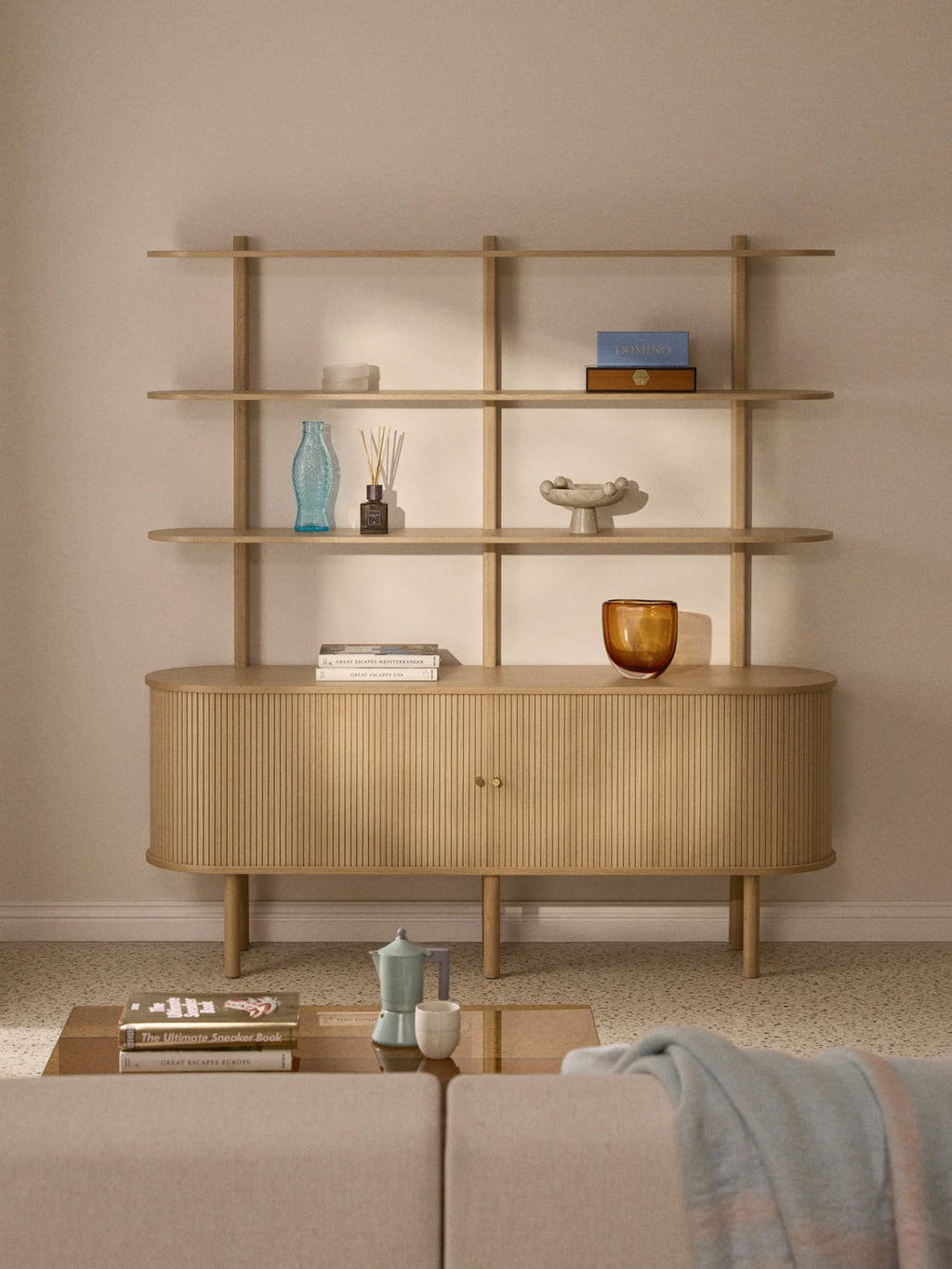 Calary Large Shelving Unit with Fluted Front — Beige