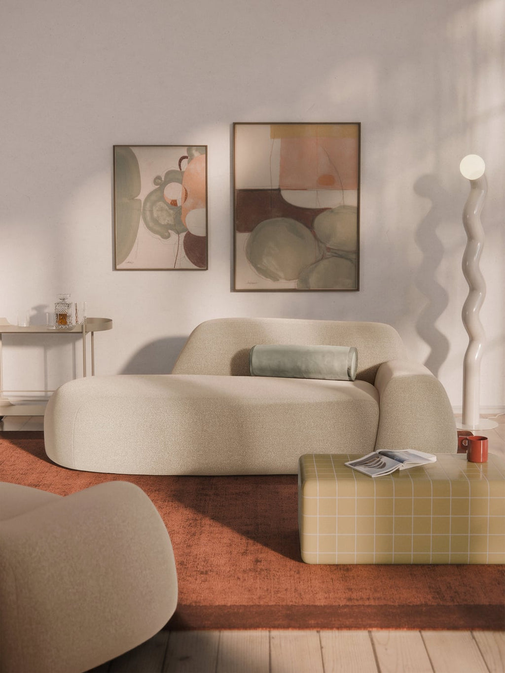 Wolke Bouclé Sofa (2-seater) with Chaise Longue — Blush
