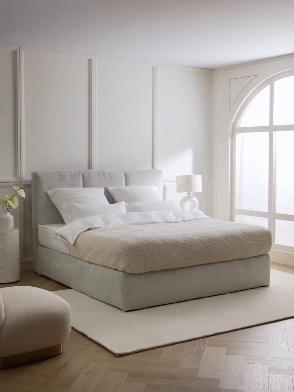 Oberon Box-Spring Bed — Pearl Grey