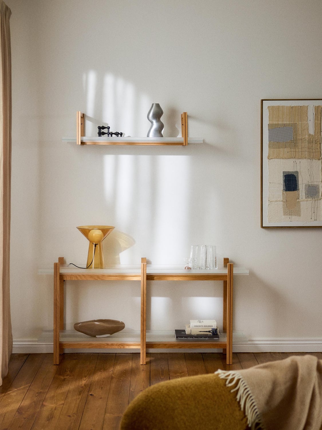 Alex Wooden Shelving Unit, Oak & Glass — Beige