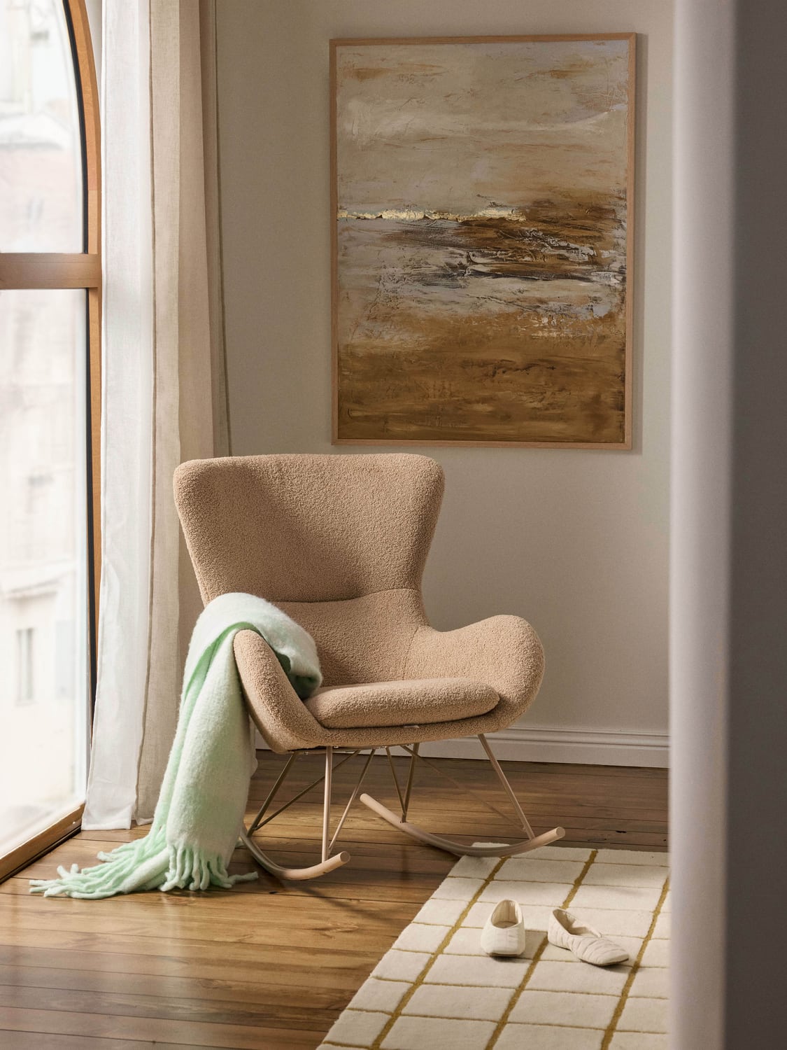 Wing Teddy Rocking Chair with Metal Legs — Warm Grey