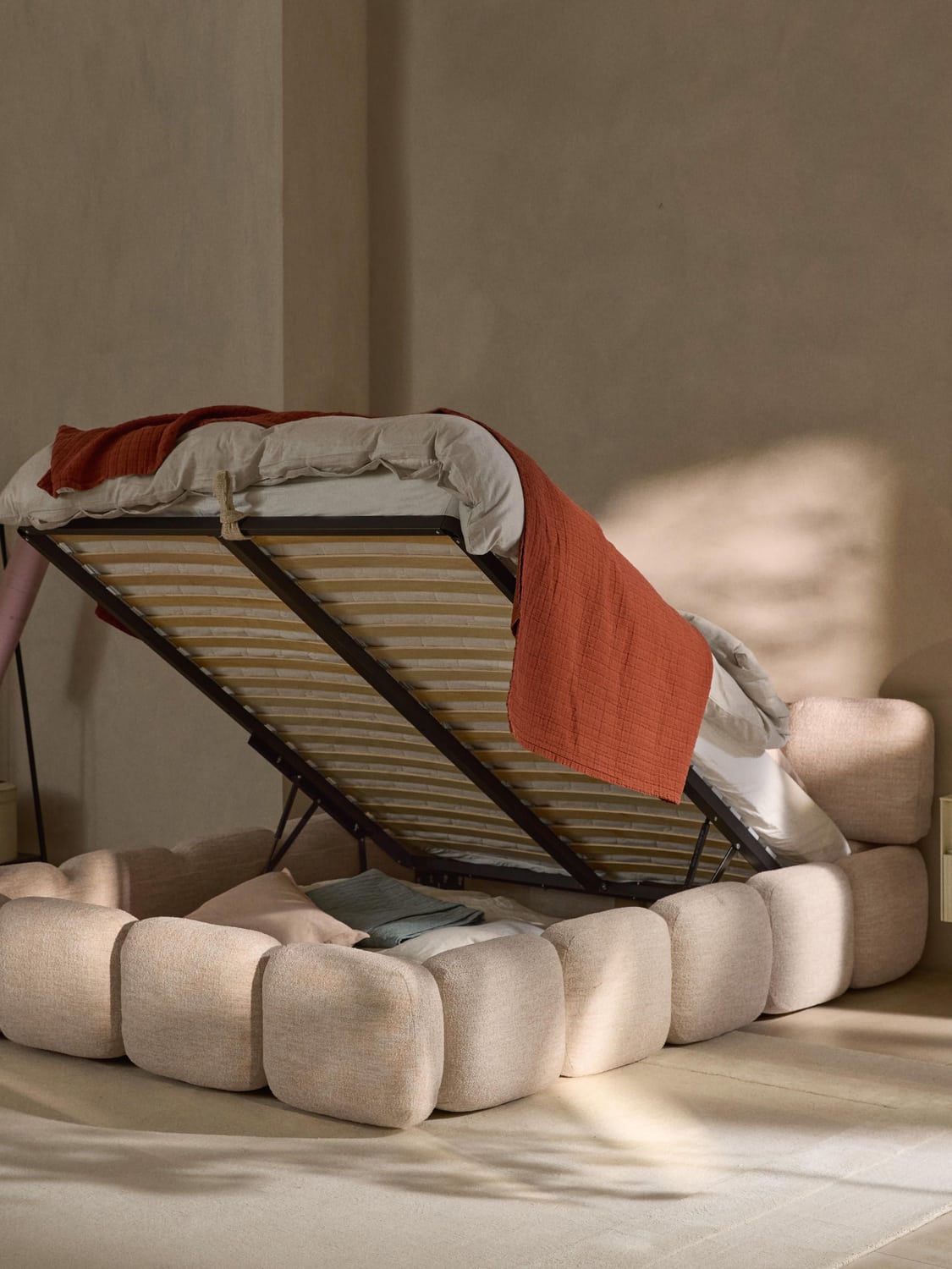 Tayla Upholstered Bed in Bouclé with Storage — Blush
