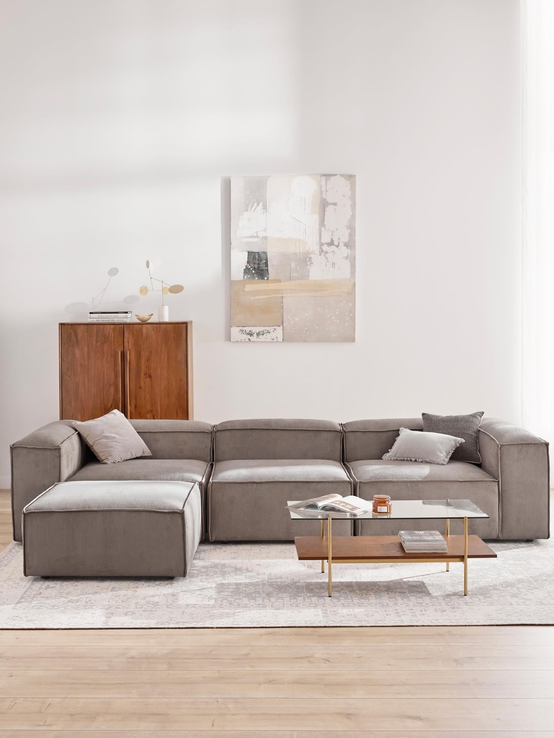 Lennon Modular Sofa (4-seater) in Corduroy with Ottoman (left/right) — Mushroom