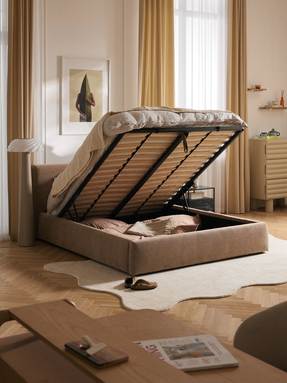 Cloud Upholstered Bed with Storage — Sand