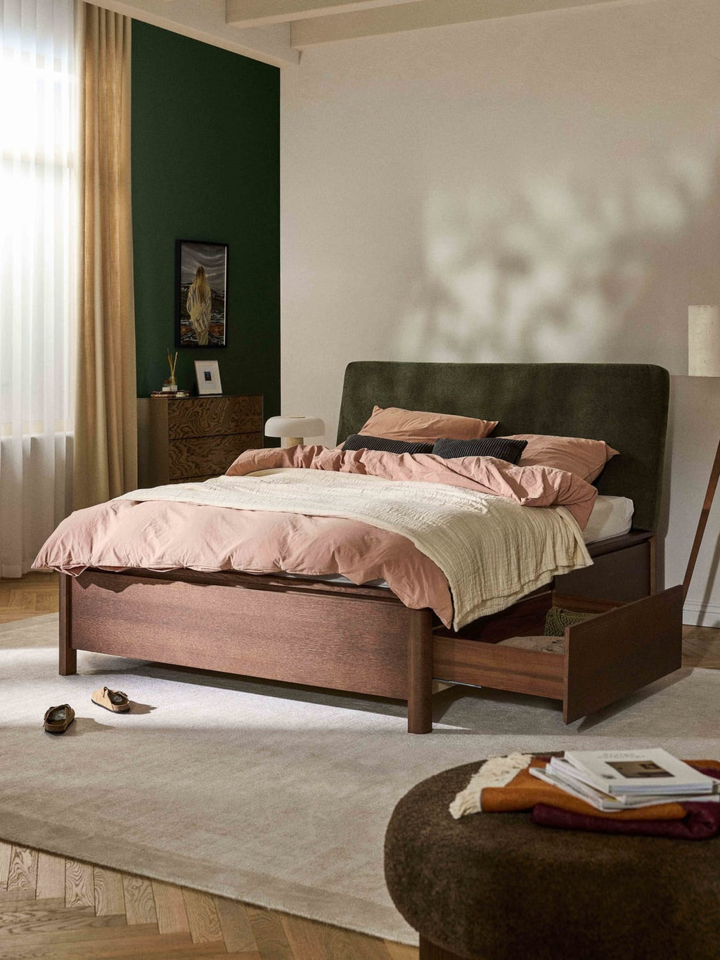Santiago Wooden Bed with Upholstered Headboard and Drawers — Taupe