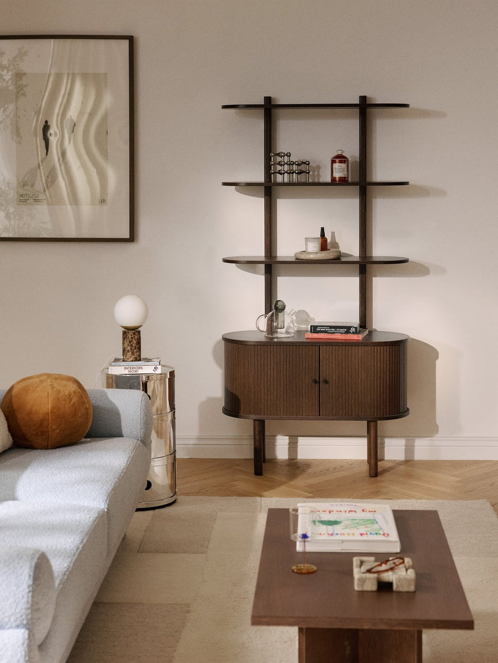 Calary Narrow Shelving Unit with Fluted Front — Dark Grey