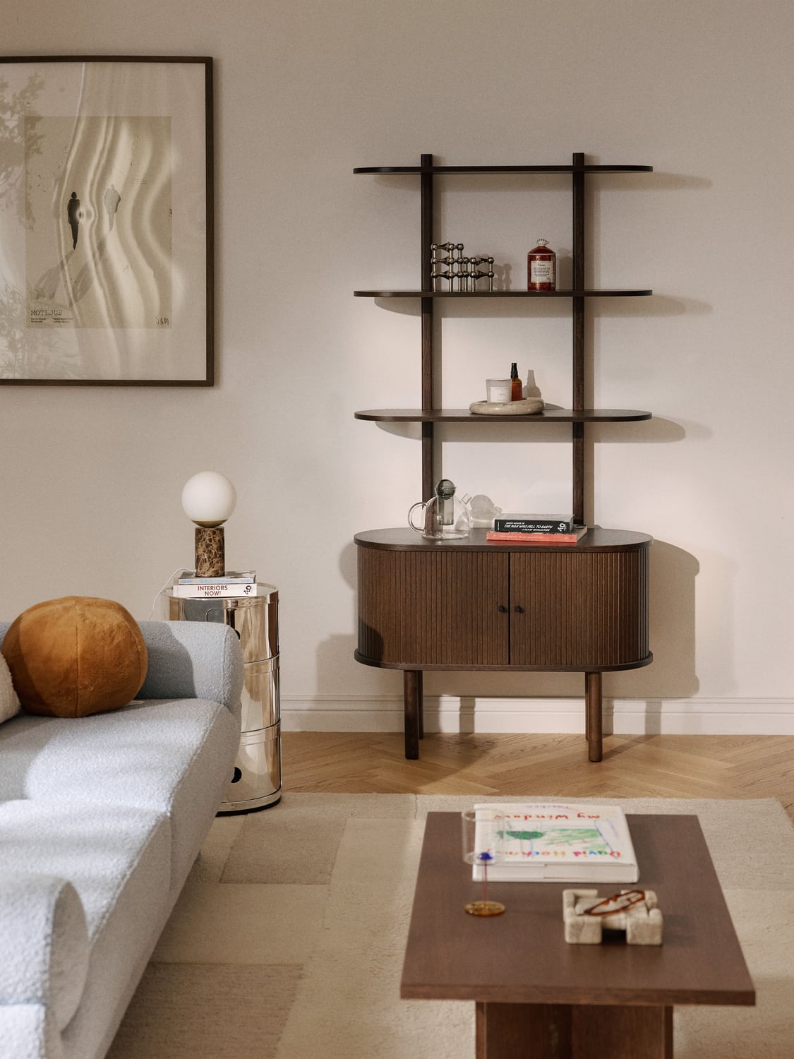 Calary Narrow Shelving Unit with Fluted Front — Dark Grey