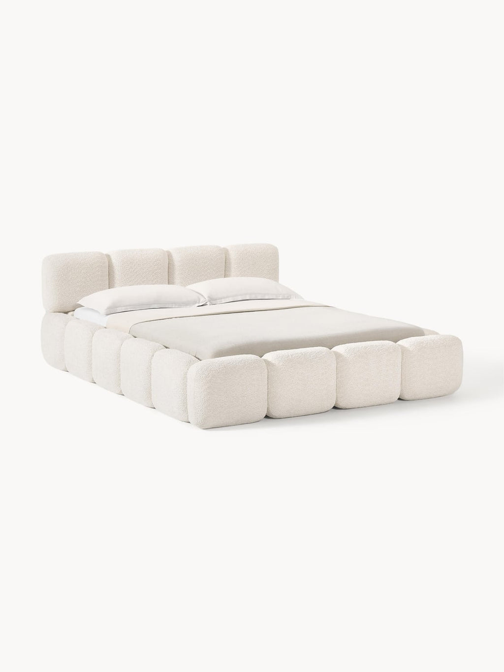 Tayla Upholstered Bed in Teddy Bouclé with Storage — Off-White