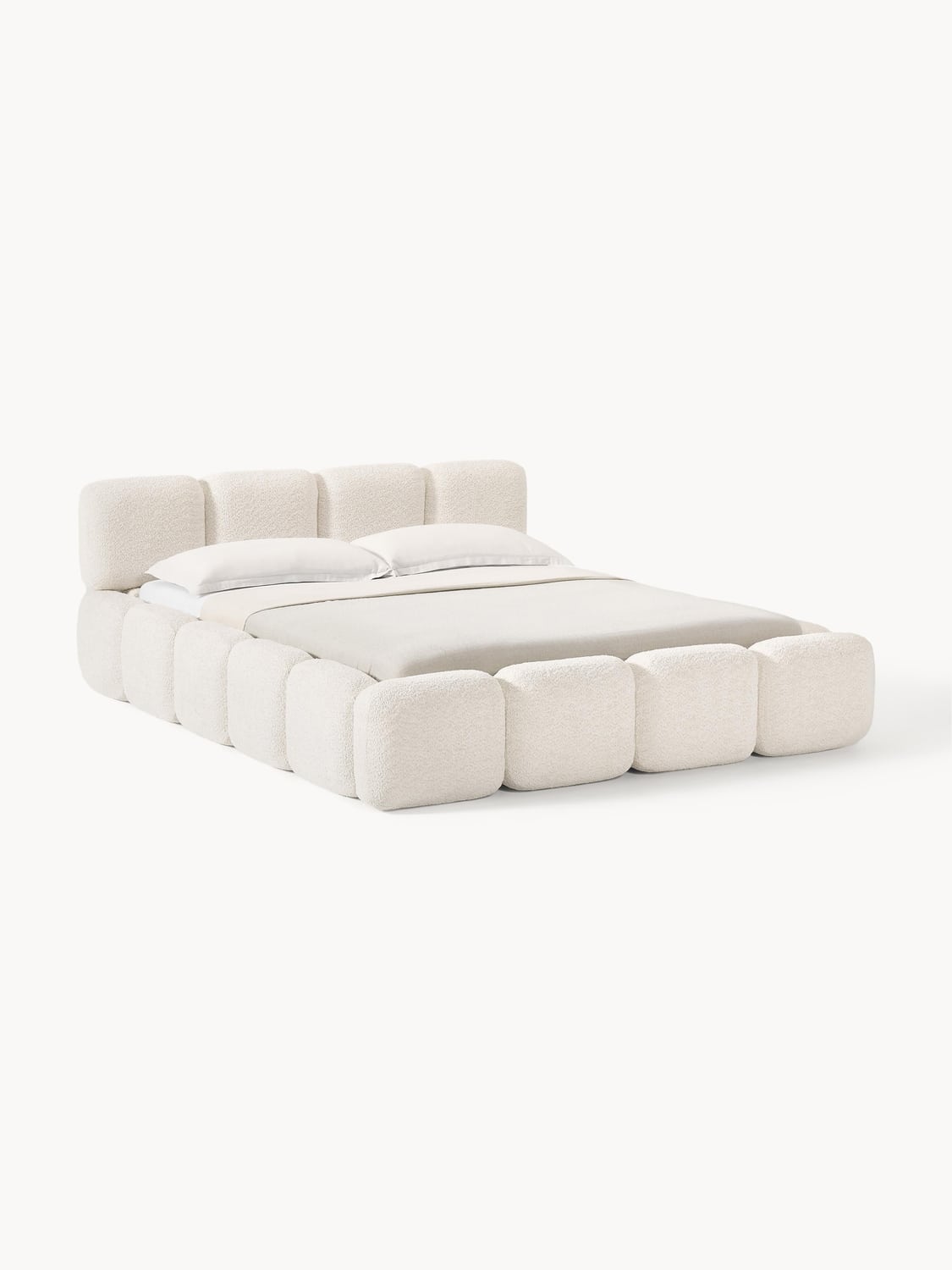 Tayla Upholstered Bed in Teddy Bouclé with Storage — Off-White