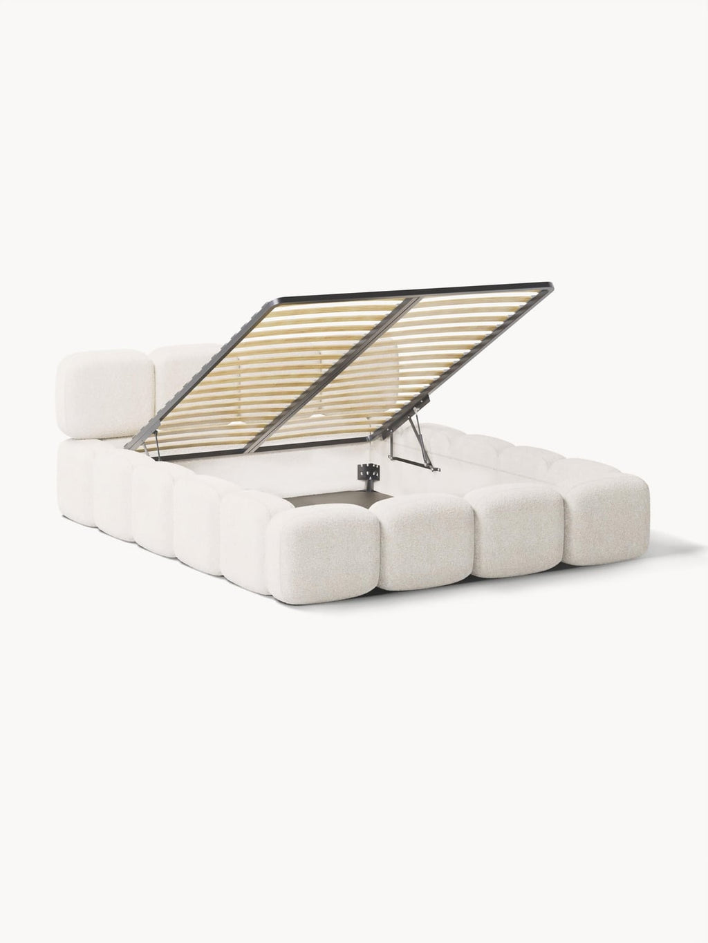 Tayla Upholstered Bed in Teddy Bouclé with Storage — Off-White